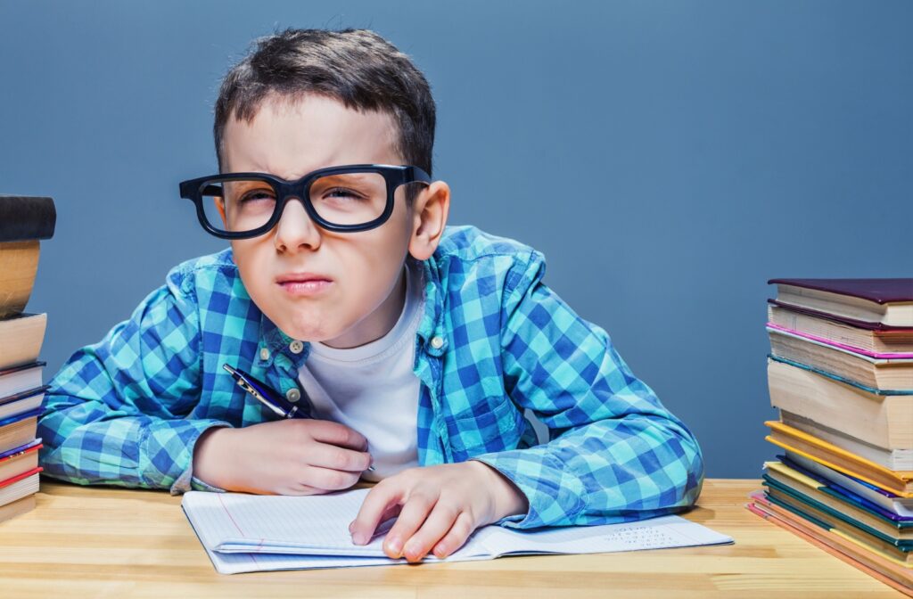 A child squints to see the front of the class clearly.