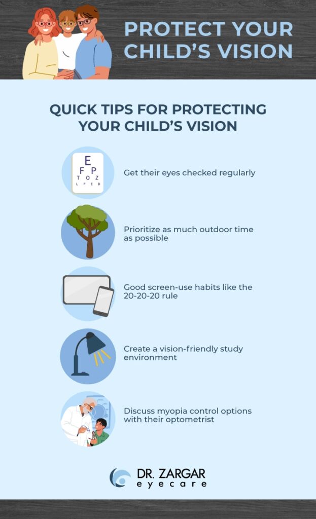 Infographic from Dr. Zargar Eyecare titled ‘Protect Your Child’s Vision.’ Illustration of a family at the top. Below are five quick tips with icons: an eye chart with the text ‘Get their eyes checked regularly,’ a tree with the text ‘Prioritize as much outdoor time as possible,’ a tablet and phone with the text ‘Good screen-use habits like the 20-20-20 rule,’ a desk lamp with the text ‘Create a vision-friendly study environment,’ and an optometrist examining a child with the text ‘Discuss myopia control options with their optometrist.’ Dr. Zargar Eyecare logo at the bottom.