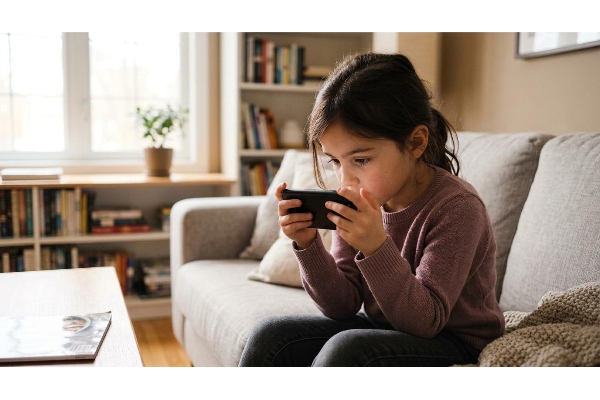 A young girl sitting on a living room sofa, holding a smartphone very close to her face while focused intently on the screen, illustrating the potential impact of prolonged close-up screen time on eye health.