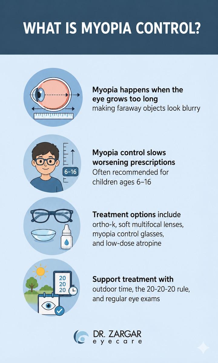 Infographic titled “What Is Myopia Control?” explaining that myopia happens when the eye grows too long, making faraway objects blurry. It highlights that myopia control can slow worsening prescriptions in children ages 6–16, with treatment options including ortho-k, soft multifocal lenses, myopia control glasses, and low-dose atropine. It also recommends outdoor time, the 20-20-20 rule, and regular eye exams to support treatment.