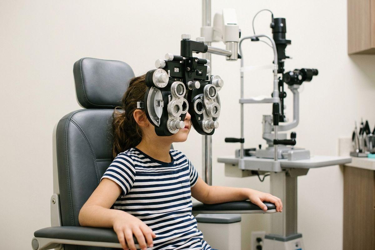Child sitting in an optometry exam chair wearing a phoropter during an eye exam, with a slit lamp visible nearby.