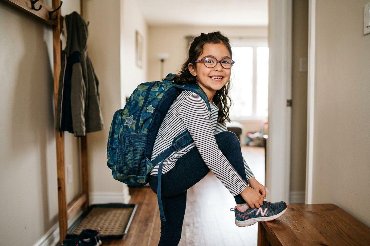 Smiling child with glasses and a backpack tying sneakers on a bench near a home entryway coat rack.