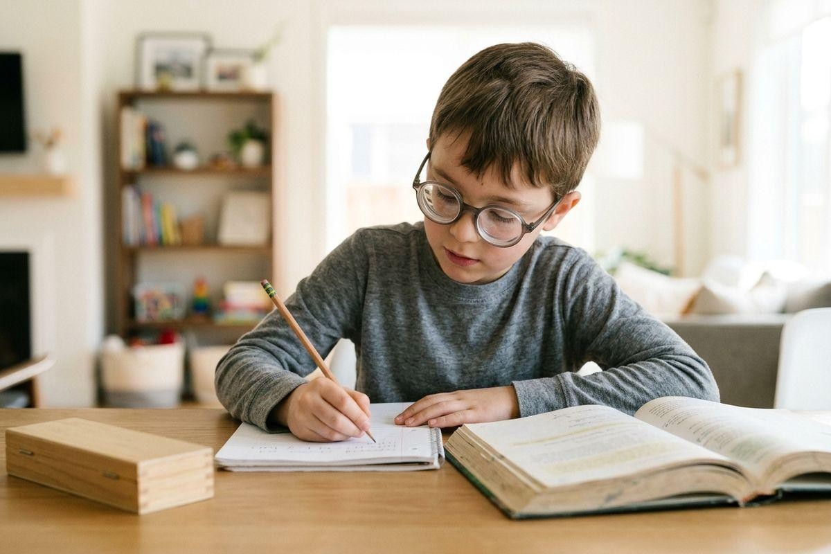 Child wearing round glasses writing in a notebook at a wooden table, with an open textbook beside them, in a home living area.