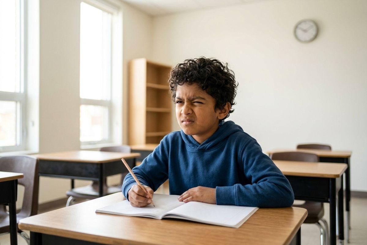 Child sitting at a classroom desk holding a pencil over an open notebook, looking sideways with a confused expression.