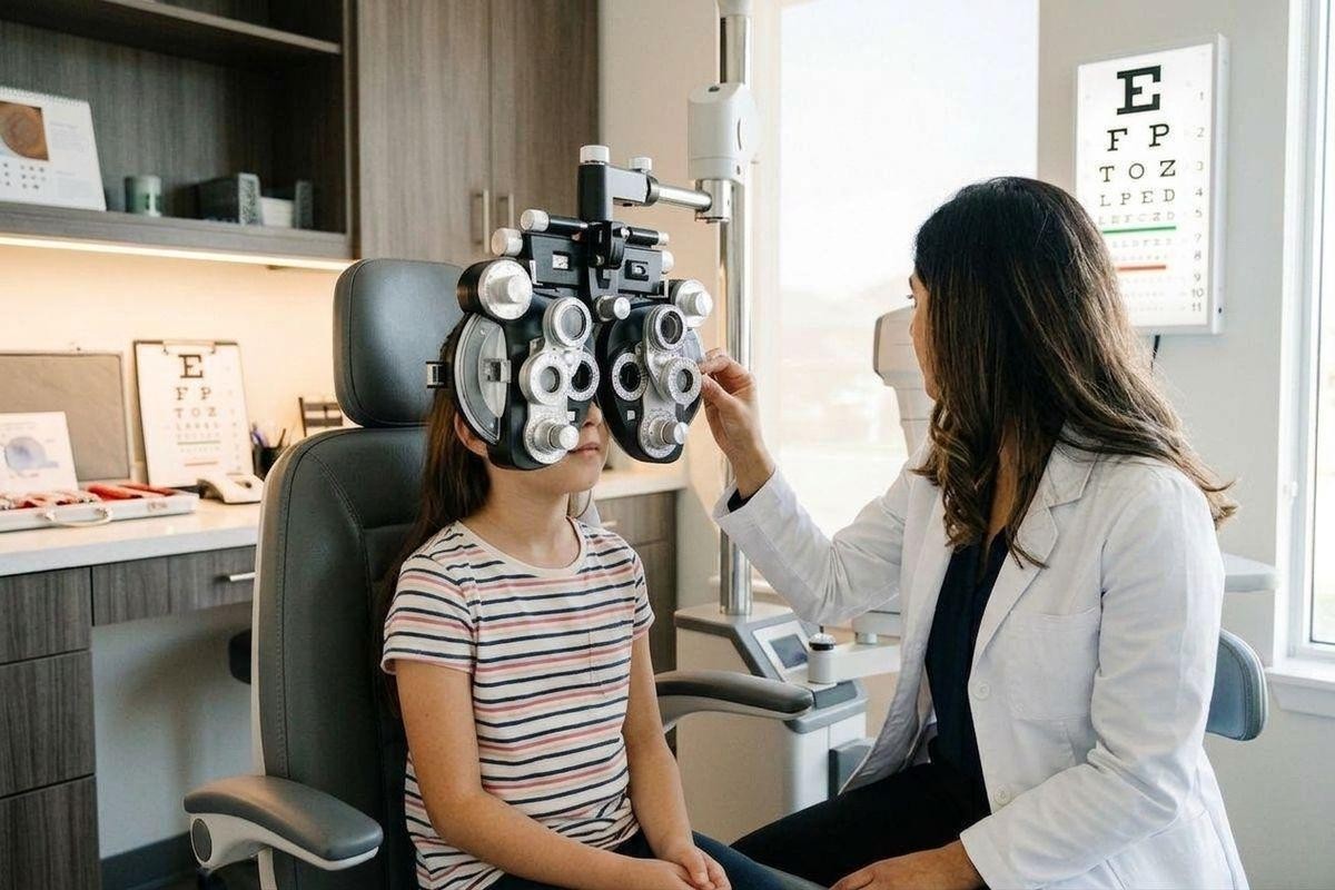 Optometrist adjusts a phoropter in front of a seated child in an eye exam room.